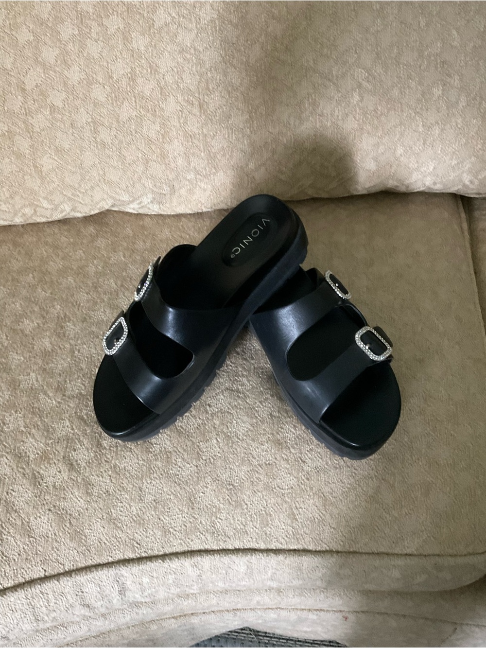 Vionic Black Platform Slide Sandals with Silver Buckles - Picture 8 of 9